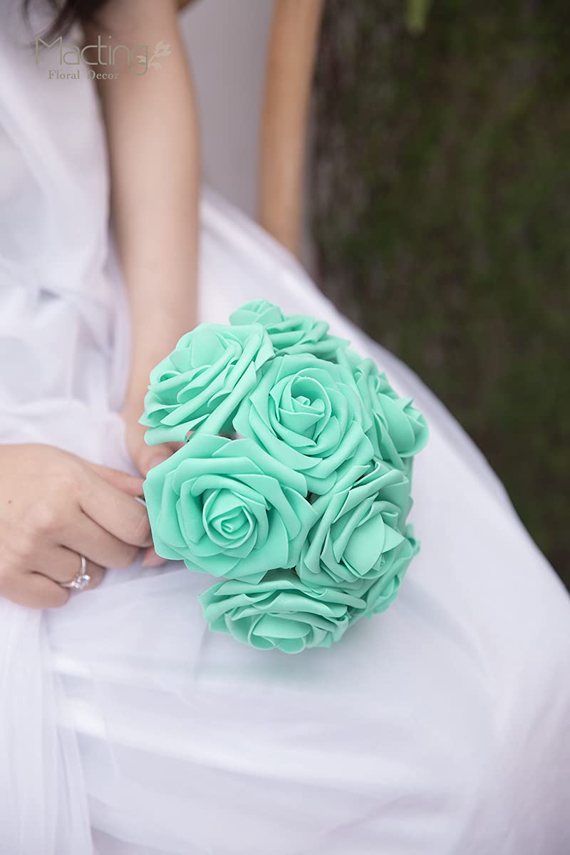 MACTING Artificial Flower Roses 30PCS Real Touch Fake Flowers with Stem Foam Roses for DIY Wedding Bouquets Table Centerpieces Party Baby Shower Home Summer Mothers Day Decoration (Mint Green) - Image 2